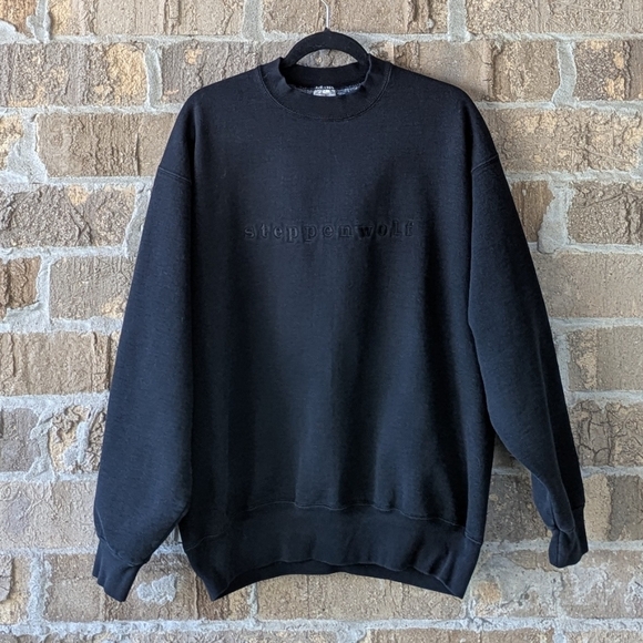 VTG 80s Steppenwolf Heavyweight Sweatshirt Black Fruit of The Loom Made in USA L - Picture 1 of 6